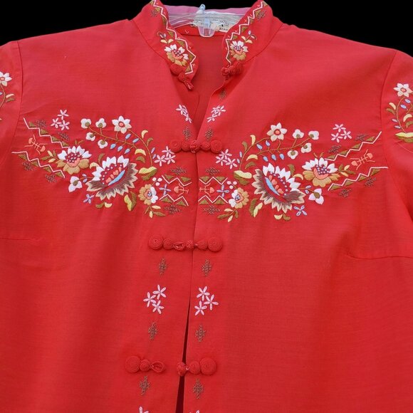 Vintage Boho Embroidered Shirt S Chinese Red Blouse Short Sleeve 60s 70s - Picture 11 of 13
